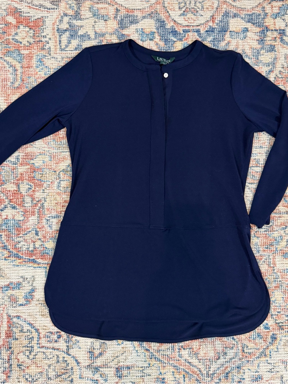 Lauren Ralph Lauren Navy Tunic Top PM Petite Medium Split Neck Long Sleeve Fall - Picture 7 of 12